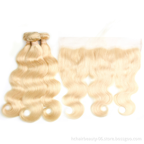 Russian Blonde 613 Colour Deep Wave 100% Virgin Hair Weave with Frontal Closure, Raw 613 Human Hair Deep Wave Bundles